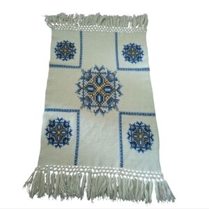 Hand Knit Cozy Fringed Cream and Blue cozy Throw With Cross Stitching